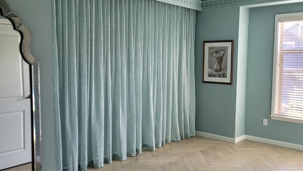 light blue walls and curtains in residential interior