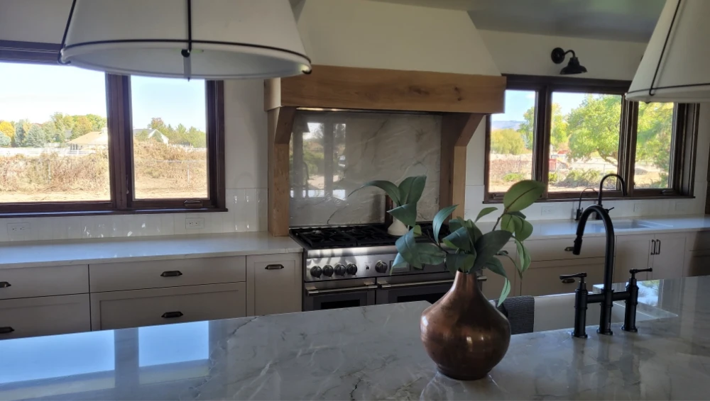 close-up of vase in new kitchen